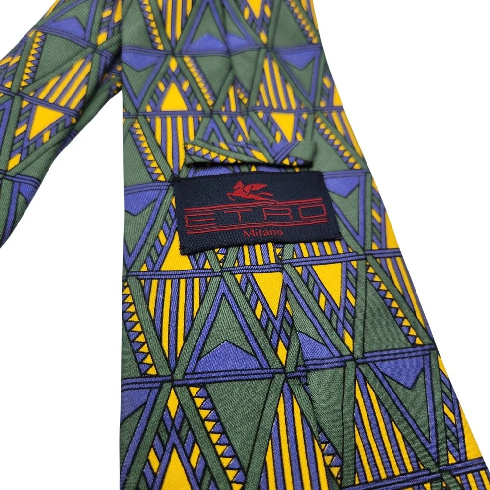 Etro Milano Silk Tie Geometric Yellow Green Purple Made in Italy Business Casual